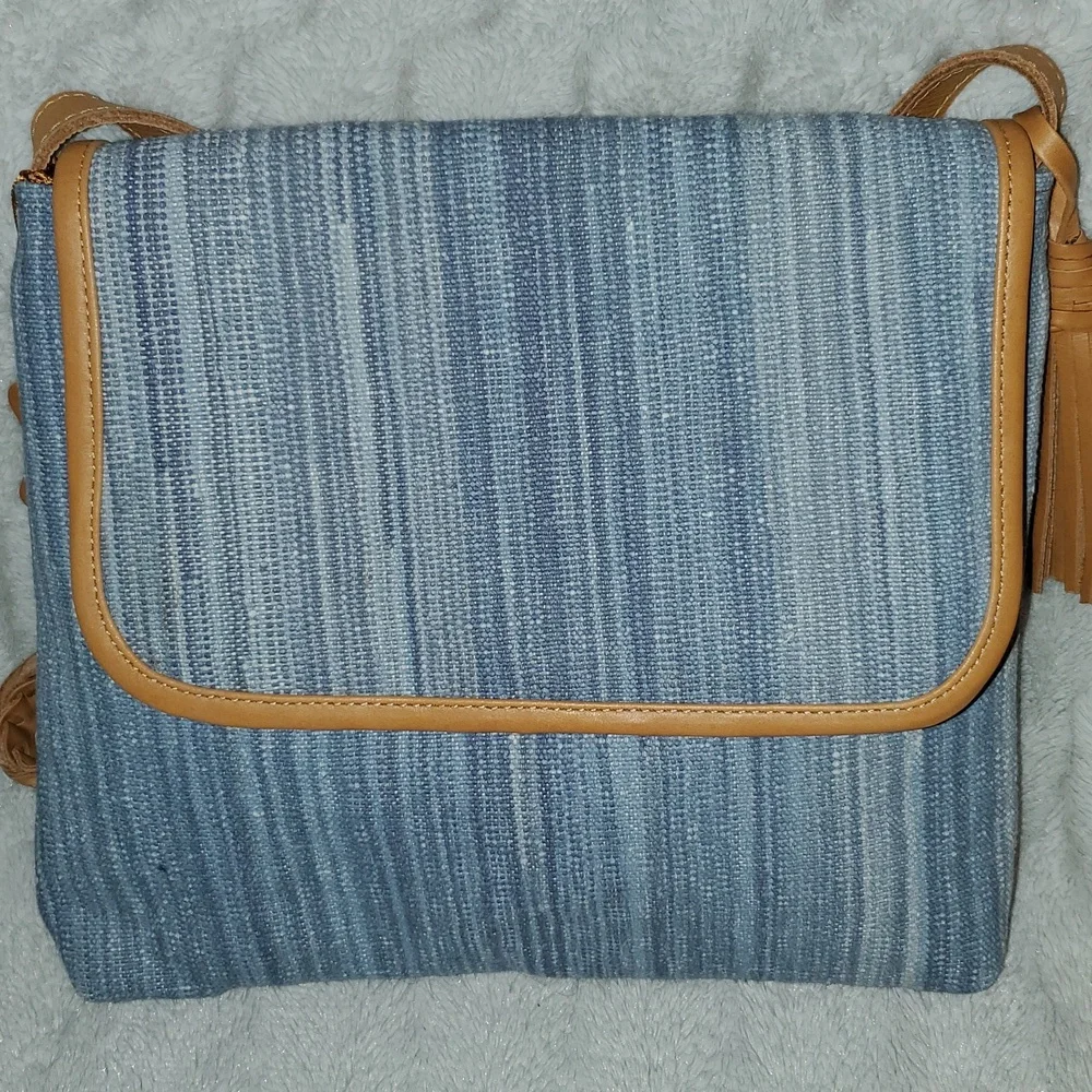 Denim Blue Woven Leather Trim Shoulder Crossbody Bag